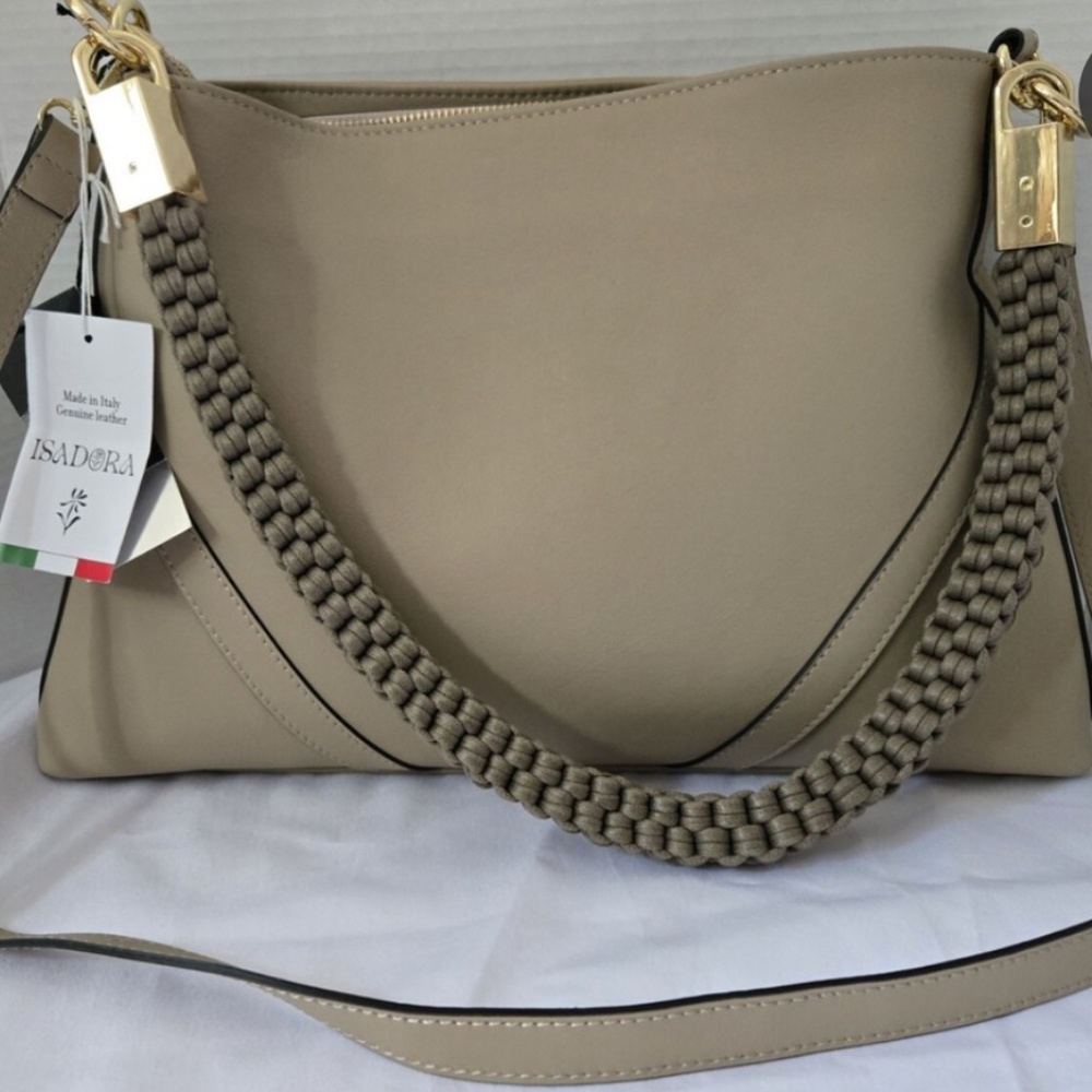 Isadora Leather Shoulder Bag in Marmo Beige with Crossbody Strap